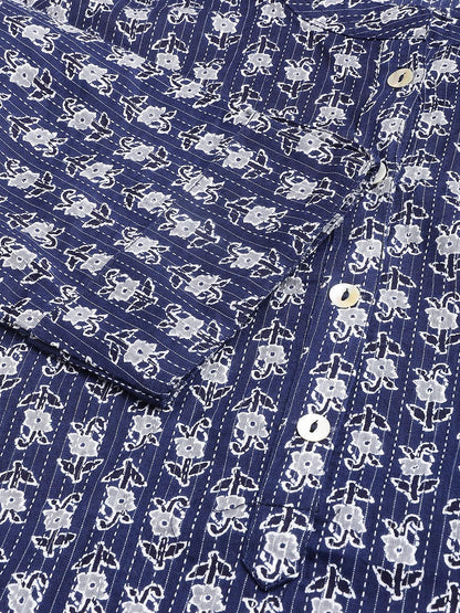 Blue And Gray Cotton Katha Work Straight Kurta | LASVINI - Redefining Indian Fashion with Elegance