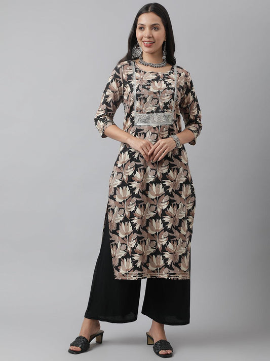 Black Cotton Floral Straight Kurta | LASVINI - Redefining Indian Fashion with Elegance