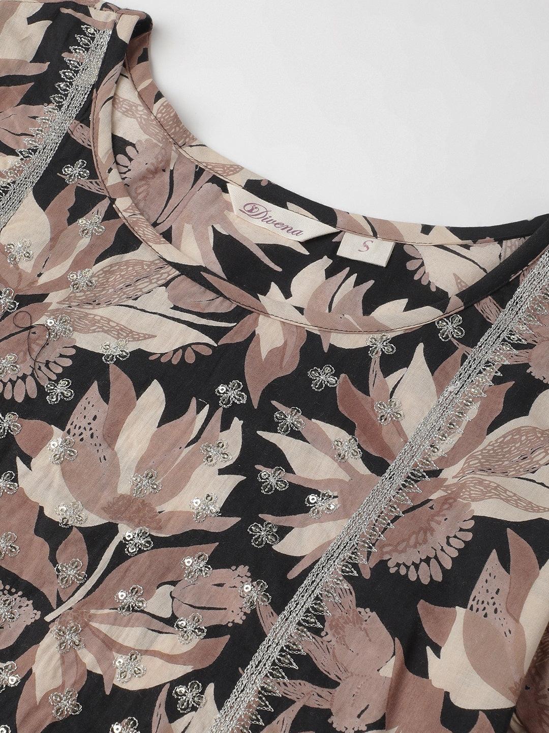 Black Cotton Floral Straight Kurta | LASVINI - Redefining Indian Fashion with Elegance
