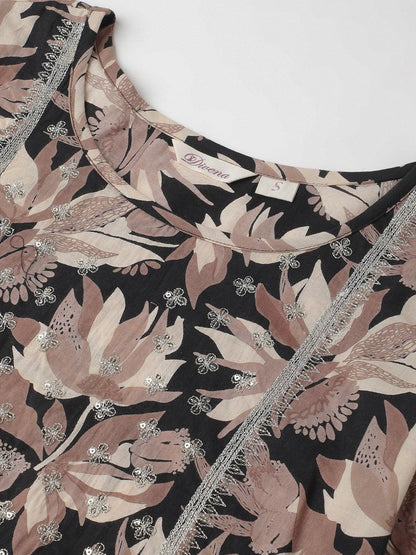 Black Cotton Floral Straight Kurta | LASVINI - Redefining Indian Fashion with Elegance