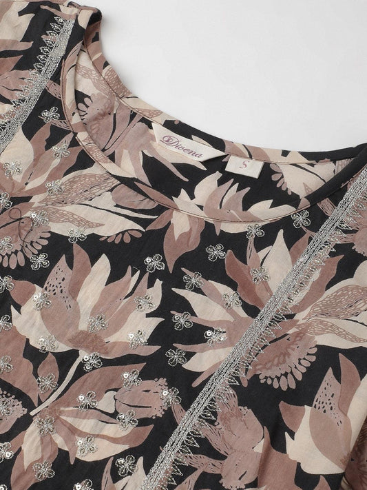 Black Cotton Floral Straight Kurta | LASVINI - Redefining Indian Fashion with Elegance