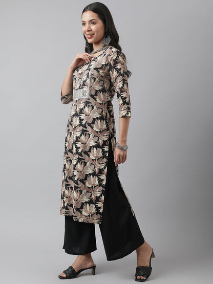 Black Cotton Floral Straight Kurta | LASVINI - Redefining Indian Fashion with Elegance