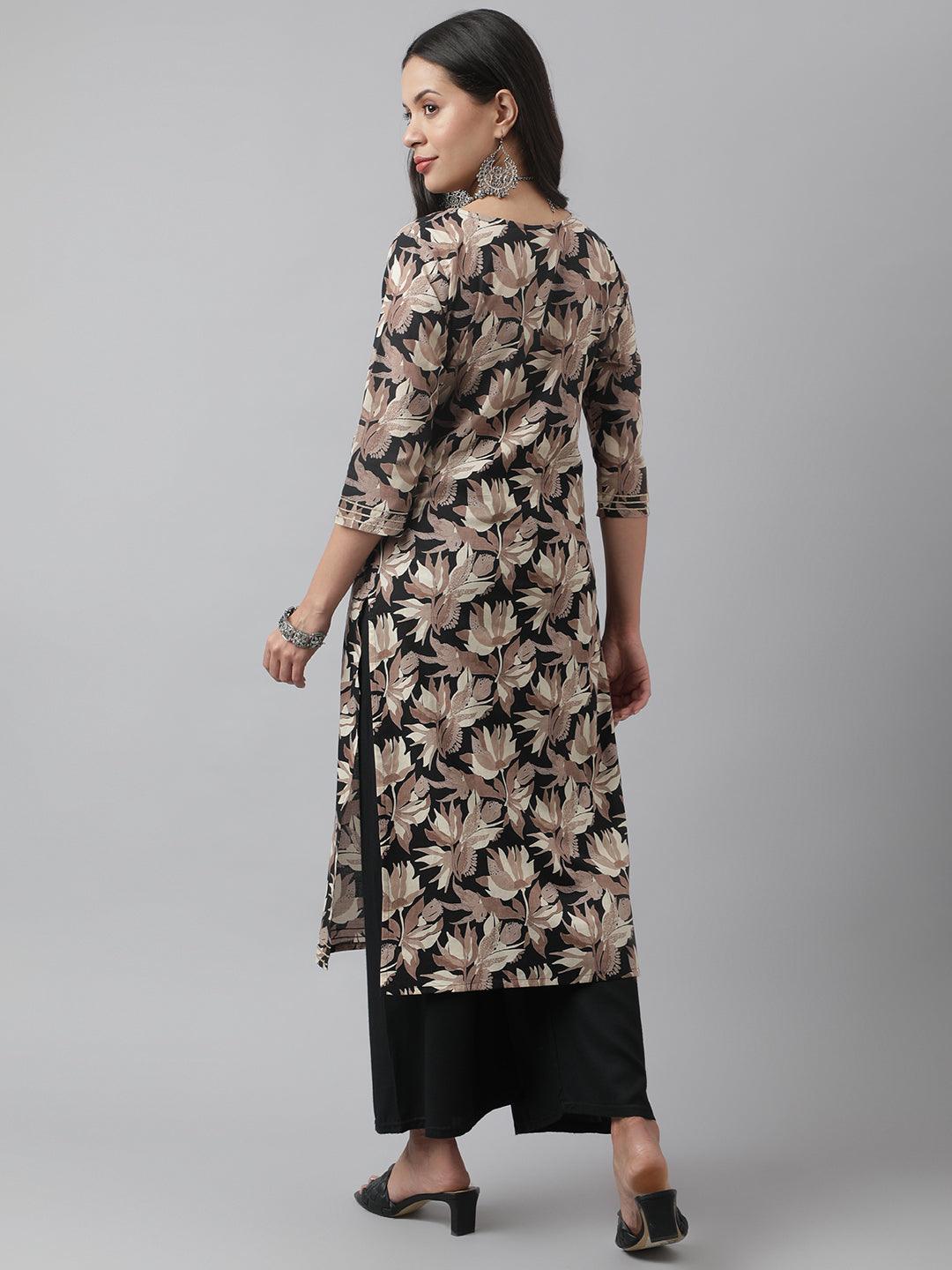 Black Cotton Floral Straight Kurta | LASVINI - Redefining Indian Fashion with Elegance