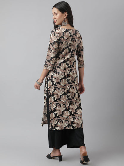 Black Cotton Floral Straight Kurta | LASVINI - Redefining Indian Fashion with Elegance