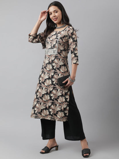 Black Cotton Floral Straight Kurta | LASVINI - Redefining Indian Fashion with Elegance