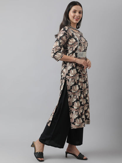 Black Cotton Floral Straight Kurta | LASVINI - Redefining Indian Fashion with Elegance