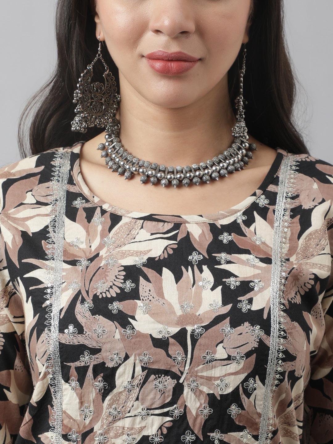 Black Cotton Floral Straight Kurta | LASVINI - Redefining Indian Fashion with Elegance