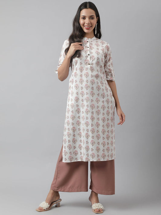 White & Pink Floral Printed Straight Kurta | LASVINI - Redefining Indian Fashion with Elegance