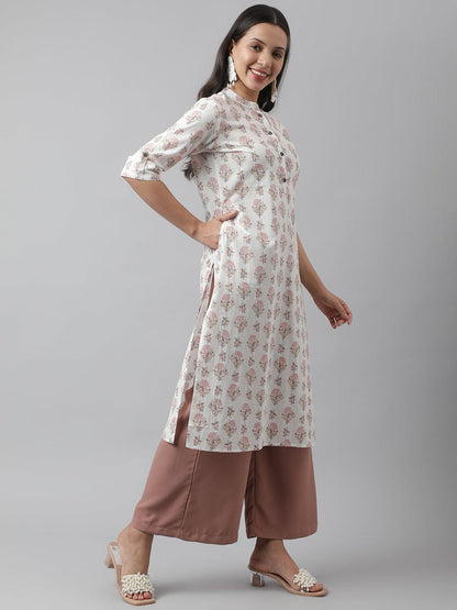 White & Pink Floral Printed Straight Kurta | LASVINI - Redefining Indian Fashion with Elegance