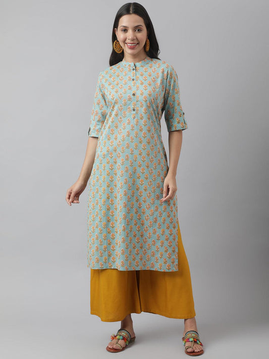 Seagreen & Yellow Floral Printed Straight Kurta | LASVINI - Redefining Indian Fashion with Elegance