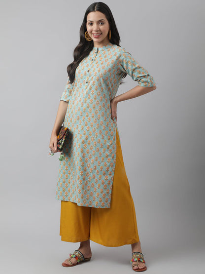 Seagreen & Yellow Floral Printed Straight Kurta | LASVINI - Redefining Indian Fashion with Elegance