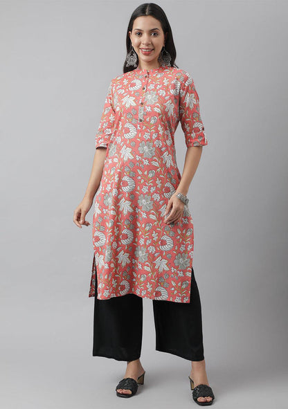 Pink & Multi Floral Printed Straight Kurta | LASVINI - Redefining Indian Fashion with Elegance