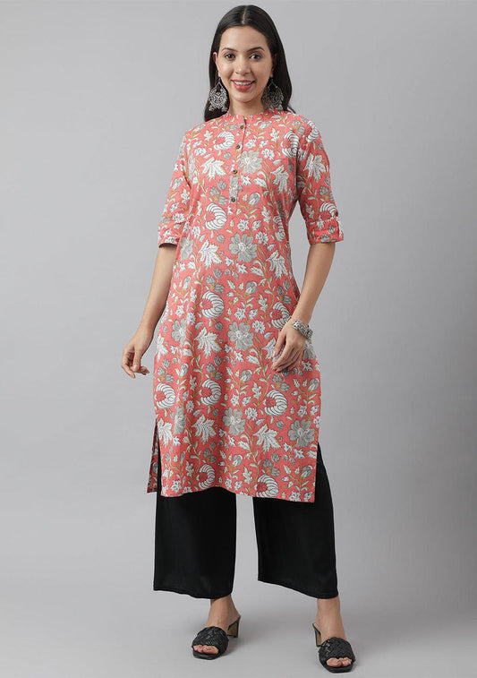 Pink & Multi Floral Printed Straight Kurta | LASVINI - Redefining Indian Fashion with Elegance