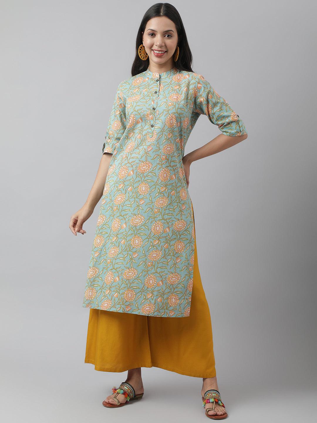 Sea Green Floral Printed Straight Kurta | LASVINI - Redefining Indian Fashion with Elegance