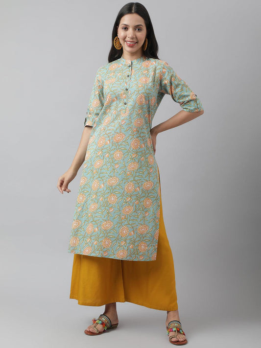 Sea Green Floral Printed Straight Kurta | LASVINI - Redefining Indian Fashion with Elegance
