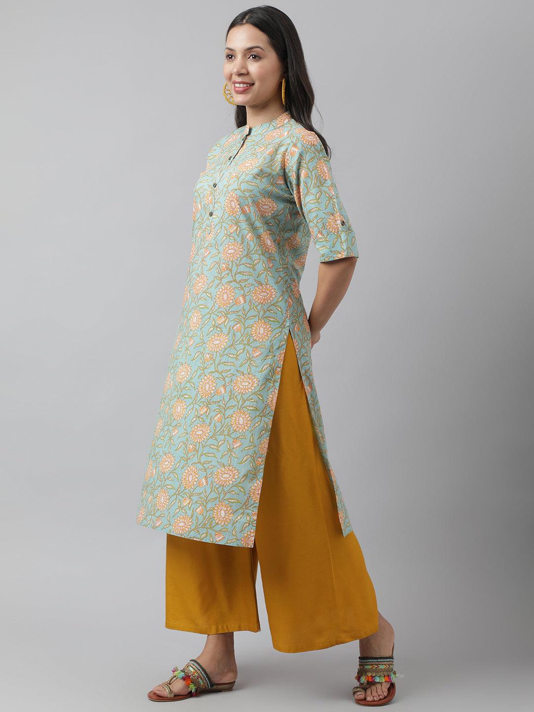 Sea Green Floral Printed Straight Kurta | LASVINI - Redefining Indian Fashion with Elegance