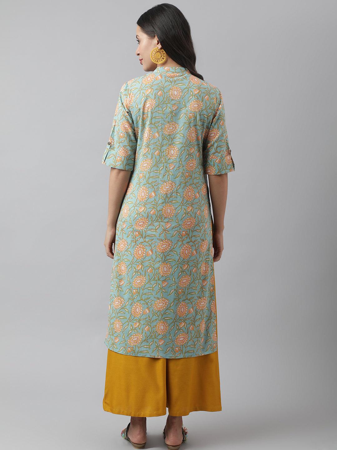 Sea Green Floral Printed Straight Kurta | LASVINI - Redefining Indian Fashion with Elegance