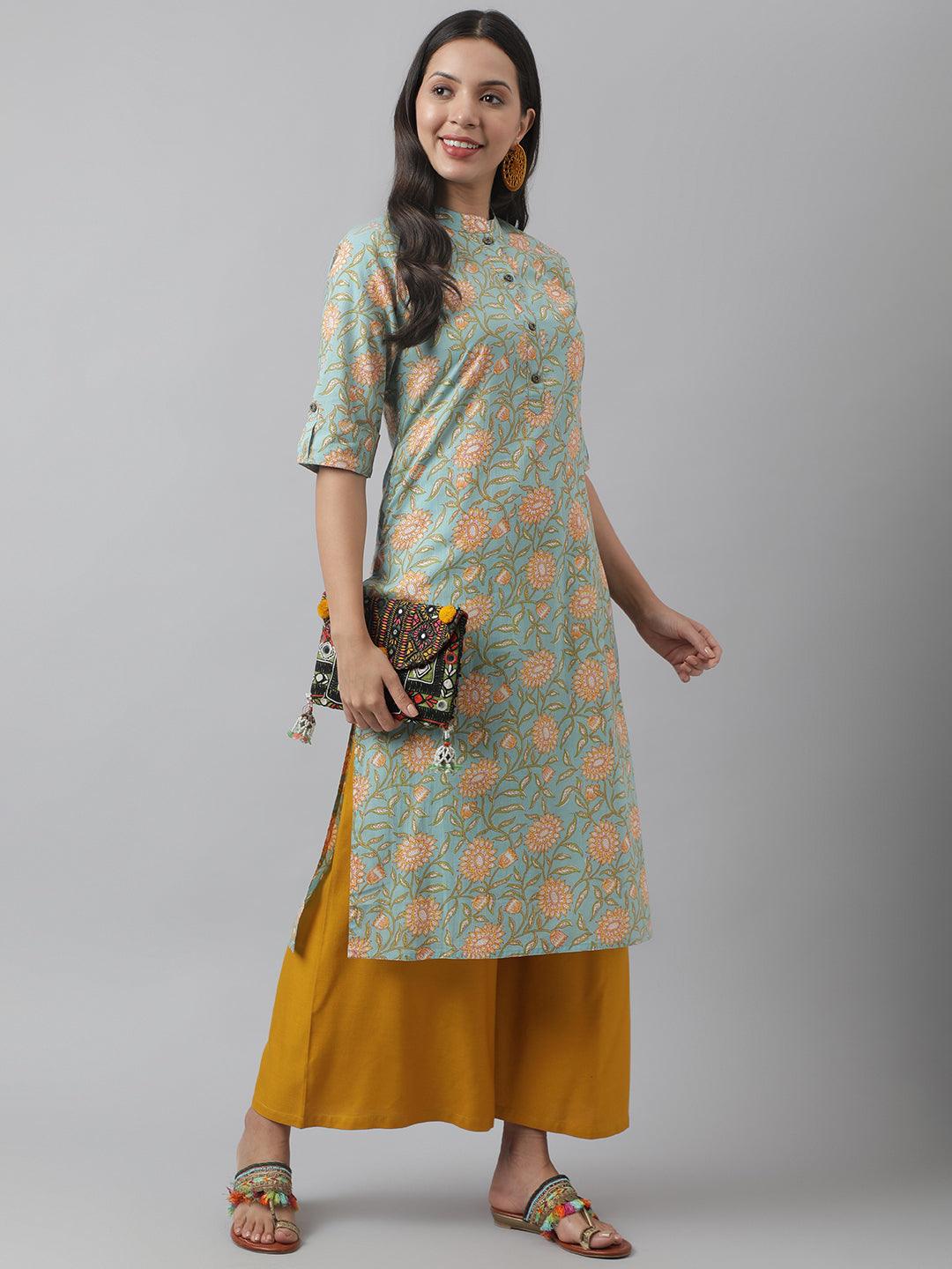 Sea Green Floral Printed Straight Kurta | LASVINI - Redefining Indian Fashion with Elegance