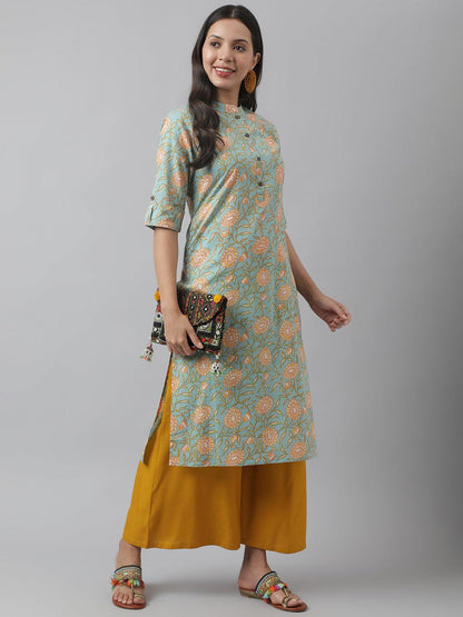 Sea Green Floral Printed Straight Kurta | LASVINI - Redefining Indian Fashion with Elegance