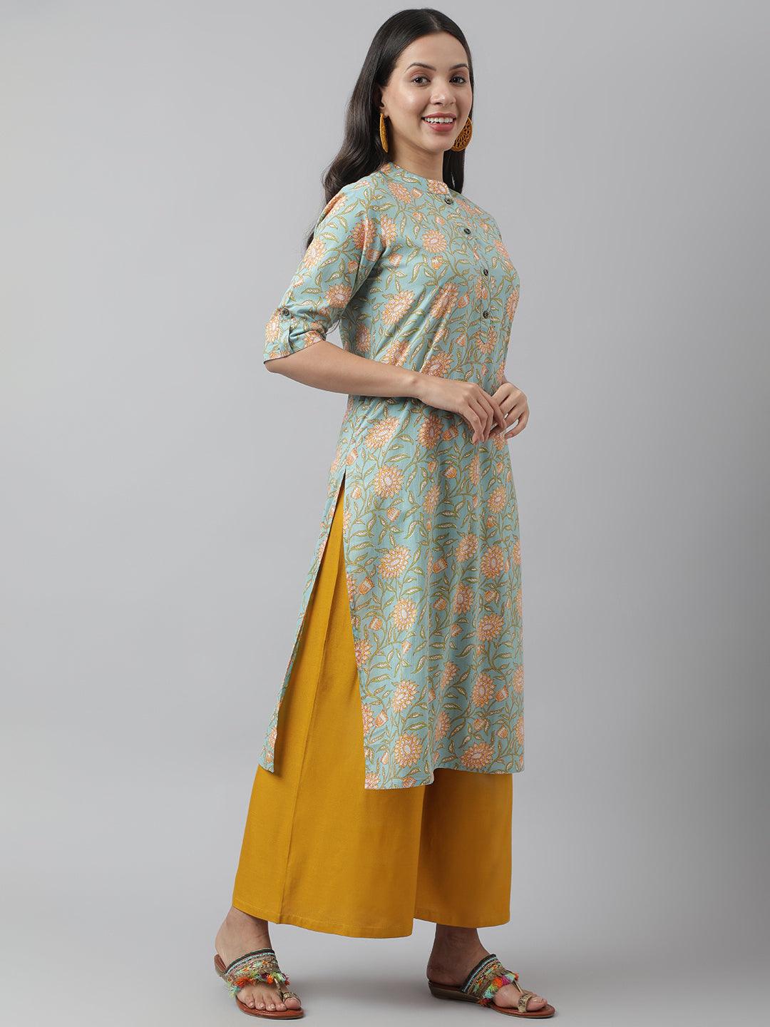 Sea Green Floral Printed Straight Kurta | LASVINI - Redefining Indian Fashion with Elegance