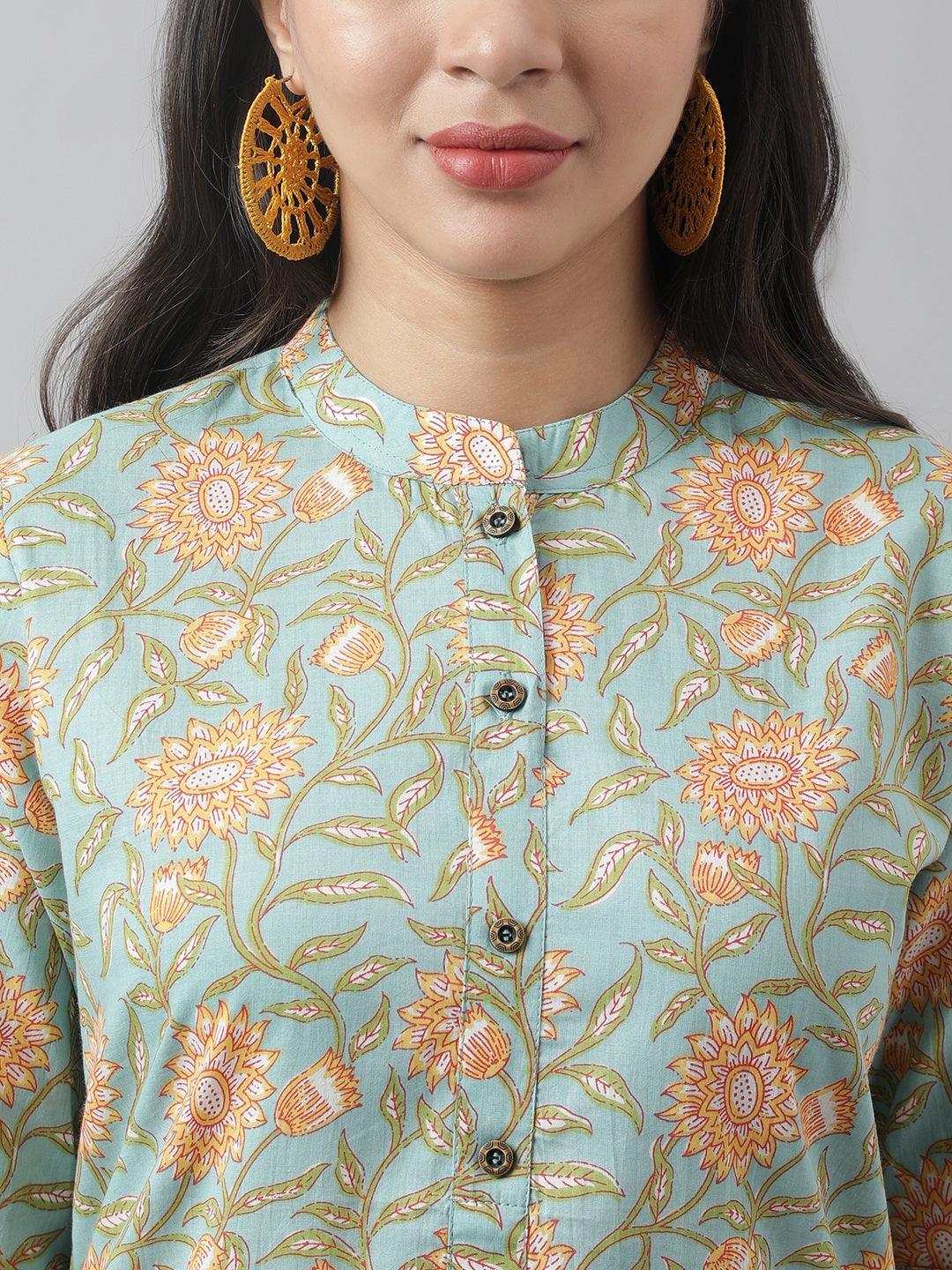 Sea Green Floral Printed Straight Kurta | LASVINI - Redefining Indian Fashion with Elegance