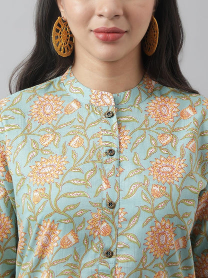 Sea Green Floral Printed Straight Kurta | LASVINI - Redefining Indian Fashion with Elegance