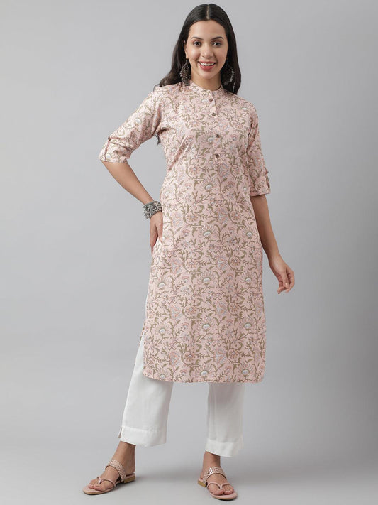 Baby Pink Floral Printed Straight Kurta | LASVINI - Redefining Indian Fashion with Elegance