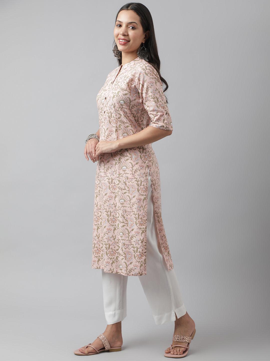 Baby Pink Floral Printed Straight Kurta | LASVINI - Redefining Indian Fashion with Elegance