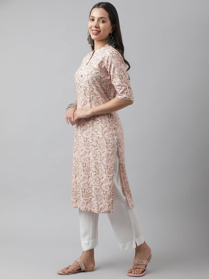 Baby Pink Floral Printed Straight Kurta | LASVINI - Redefining Indian Fashion with Elegance