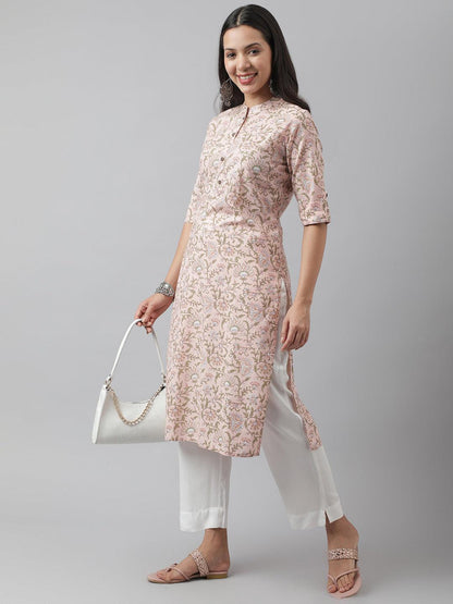 Baby Pink Floral Printed Straight Kurta | LASVINI - Redefining Indian Fashion with Elegance