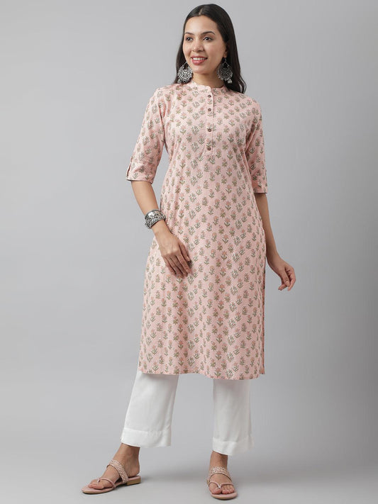 Soft Pink Floral Printed Straight Kurta | LASVINI - Redefining Indian Fashion with Elegance