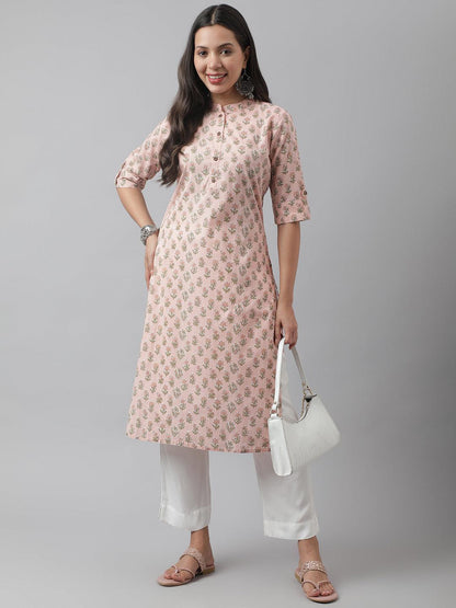 Soft Pink Floral Printed Straight Kurta | LASVINI - Redefining Indian Fashion with Elegance