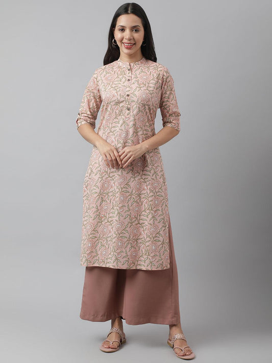 Baby Pink & Green Floral Printed Straight Kurta | LASVINI - Redefining Indian Fashion with Elegance