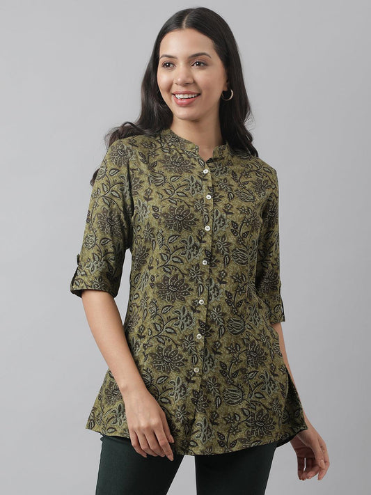 Olive Green Floral Printed Rayon A-Line Shirt Style Top | LASVINI - Redefining Indian Fashion with Elegance