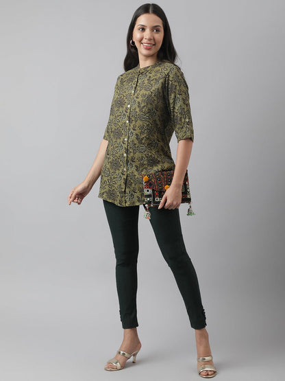 Olive Green Floral Printed Rayon A-Line Shirt Style Top | LASVINI - Redefining Indian Fashion with Elegance