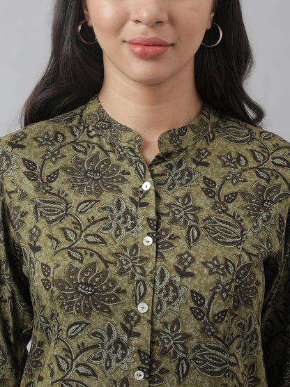 Olive Green Floral Printed Rayon A-Line Shirt Style Top | LASVINI - Redefining Indian Fashion with Elegance