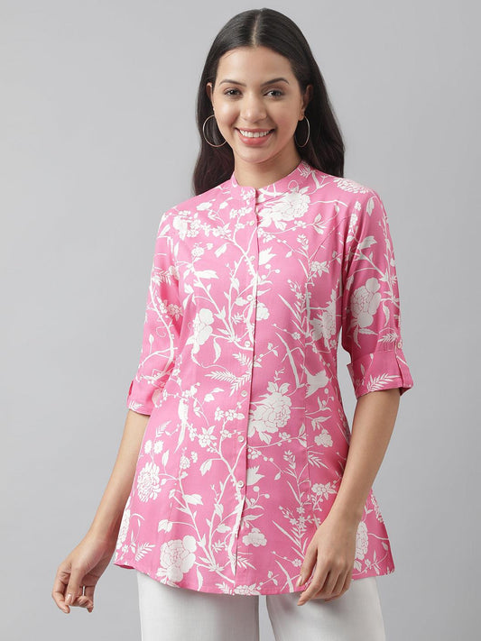 Light Pink Floral Printed Rayon A-Line Shirt Style Top | LASVINI - Redefining Indian Fashion with Elegance