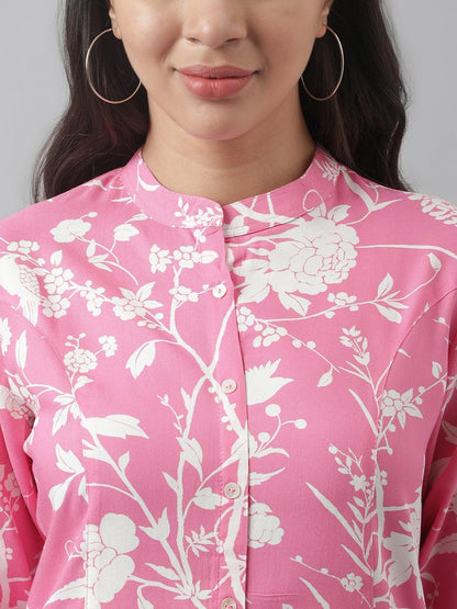 Light Pink Floral Printed Rayon A-Line Shirt Style Top | LASVINI - Redefining Indian Fashion with Elegance