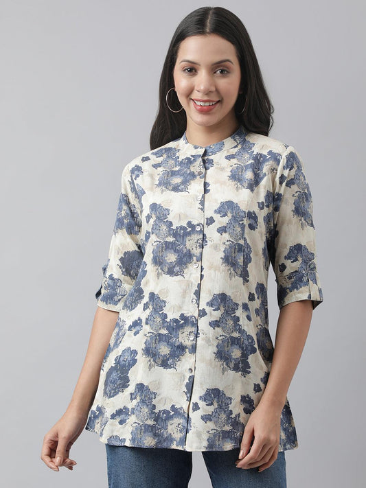 Cream Floral Printed Rayon A-Line Shirt Style Top | LASVINI - Redefining Indian Fashion with Elegance