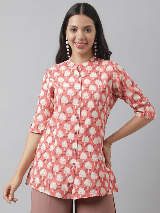 Peach Floral Printed Rayon A-Line Shirt Style Top | LASVINI - Redefining Indian Fashion with Elegance