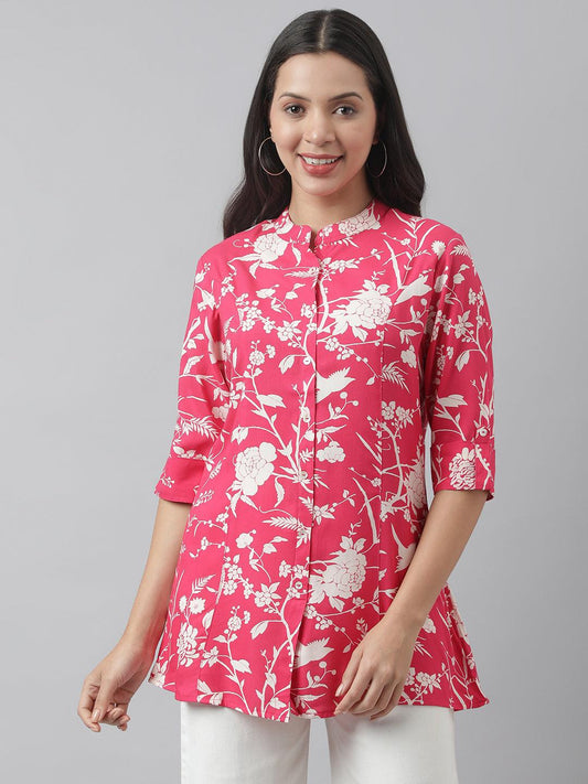 Hot Pink Floral Printed Rayon A-Line Shirt Style Top | LASVINI - Redefining Indian Fashion with Elegance