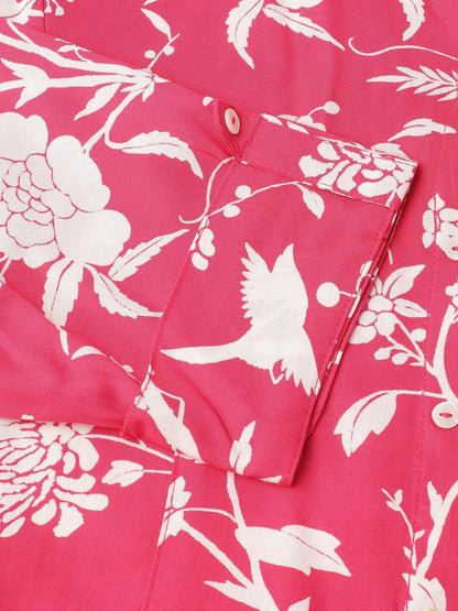 Hot Pink Floral Printed Rayon A-Line Shirt Style Top | LASVINI - Redefining Indian Fashion with Elegance