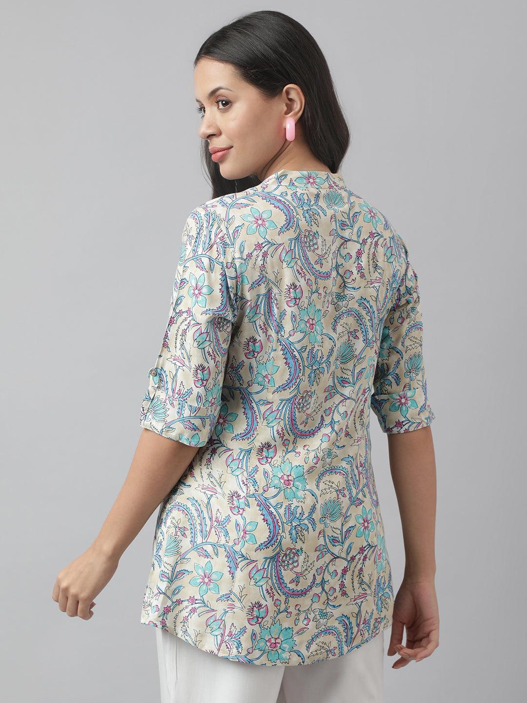 Multi Colored Floral Printed Rayon A-Line Shirt Style Top | LASVINI - Redefining Indian Fashion with Elegance