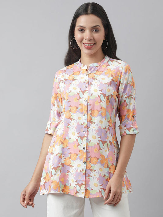 Lavender Floral Printed Rayon A-Line Shirt Style Top | LASVINI - Redefining Indian Fashion with Elegance