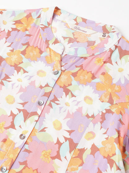 Lavender Floral Printed Rayon A-Line Shirt Style Top | LASVINI - Redefining Indian Fashion with Elegance