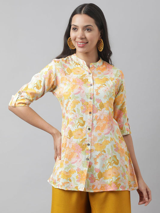 Pista Green Floral Printed Rayon A-Line Shirt Style Top | LASVINI - Redefining Indian Fashion with Elegance