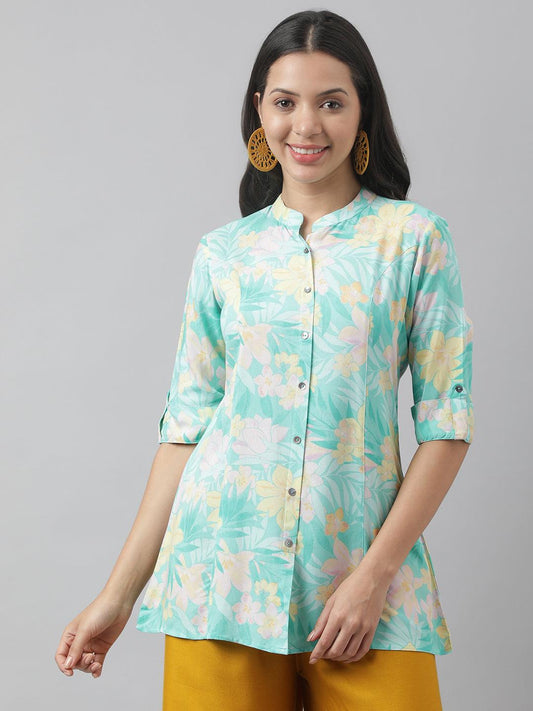 Sea Green Floral Printed Rayon A-Line Shirt Style Top | LASVINI - Redefining Indian Fashion with Elegance