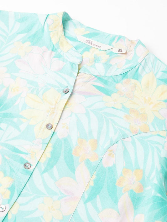 Sea Green Floral Printed Rayon A-Line Shirt Style Top | LASVINI - Redefining Indian Fashion with Elegance