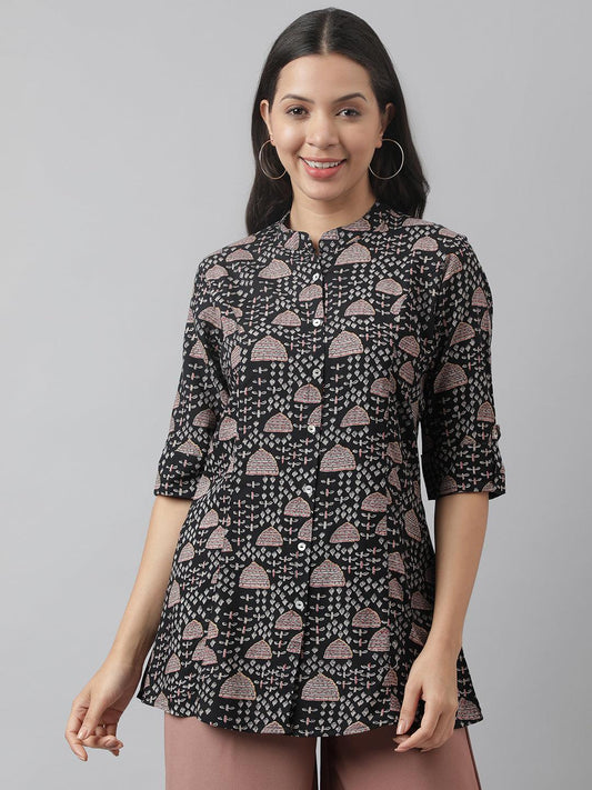 Black Floral Printed Rayon A-Line Shirt Style Top | LASVINI - Redefining Indian Fashion with Elegance