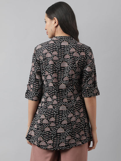 Black Floral Printed Rayon A-Line Shirt Style Top | LASVINI - Redefining Indian Fashion with Elegance